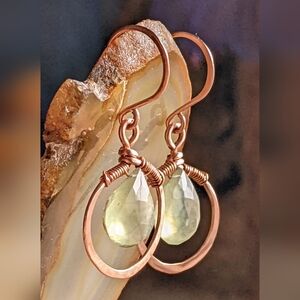 Whimsical Copper Hoop Earrings With Natural Green Prehnite Briolette Drops